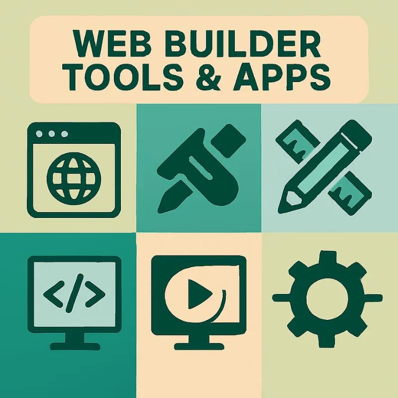 Icons representing web builder tools and apps on a green background