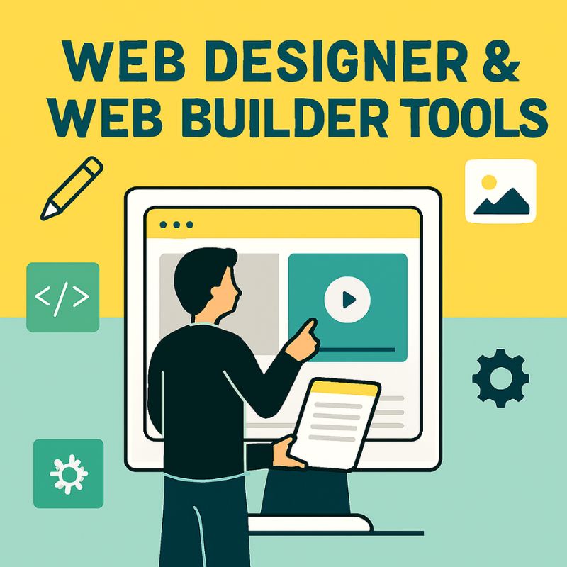 Illustration of a person using a computer with text 'Web Designer & Web Builder Tools' on a yellow and green background.