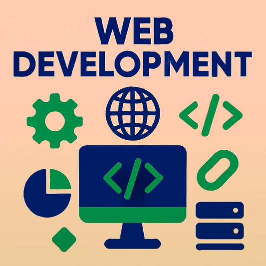 Illustrations of a computer, globe, and code symbols with 'WEB DEVELOPMENT' text on a beige background.