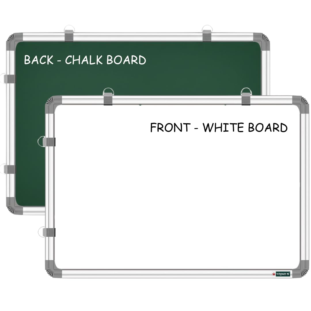 Two whiteboard panels with silver metal frames, one green chalkboard panel behind it and one white board panel in front. Text on the image reads 'BACK - CHALK BOARD' and 'FRONT - WHITE BOARD'.