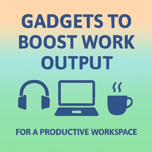 Gradient background with text 'Gadgets to Boost Work Output' and icons of headphones, laptop, and coffee cup.