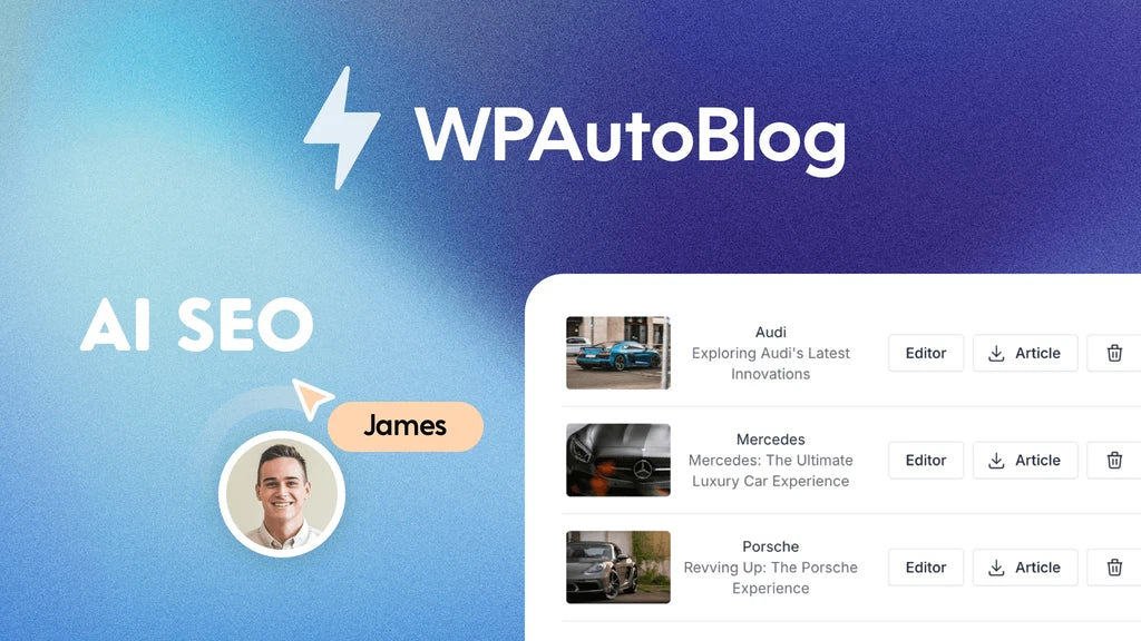 WPAutoBlog interface with AI SEO feature and user profile on a blue gradient background