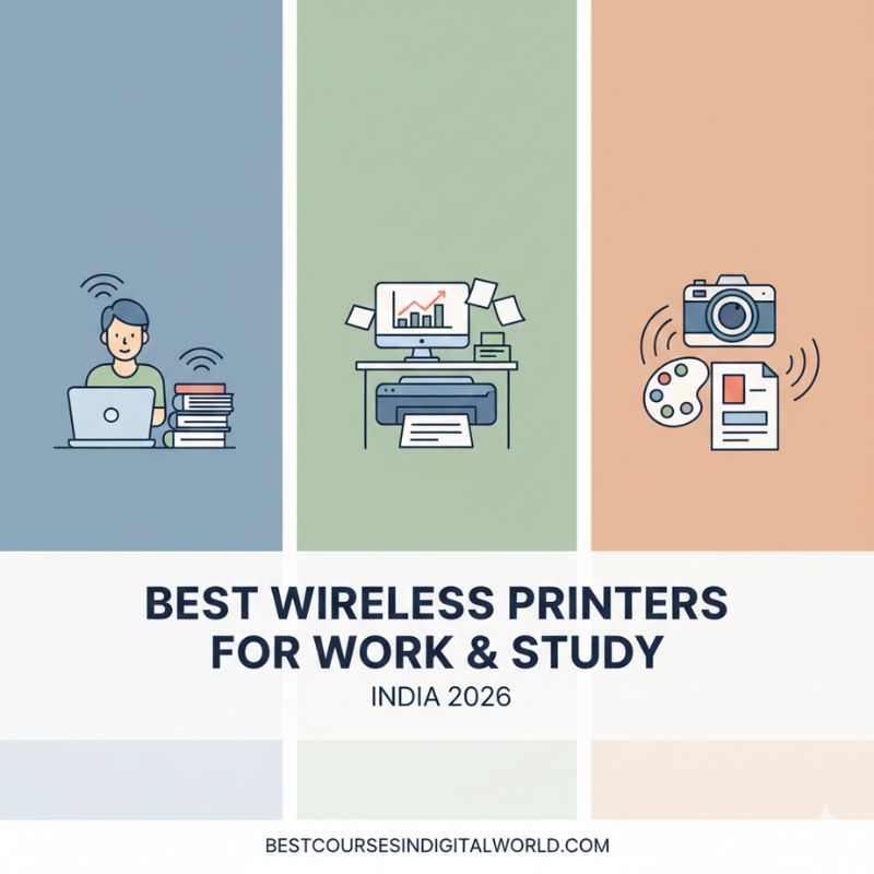 Cover of a guide on best wireless printers for work and study in India 2026 with icons and text.
