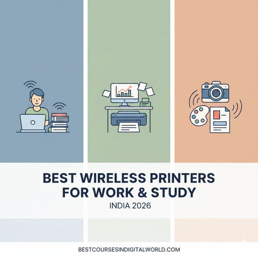 Cover of a guide on best wireless printers for work and study in India 2026 with icons and text.