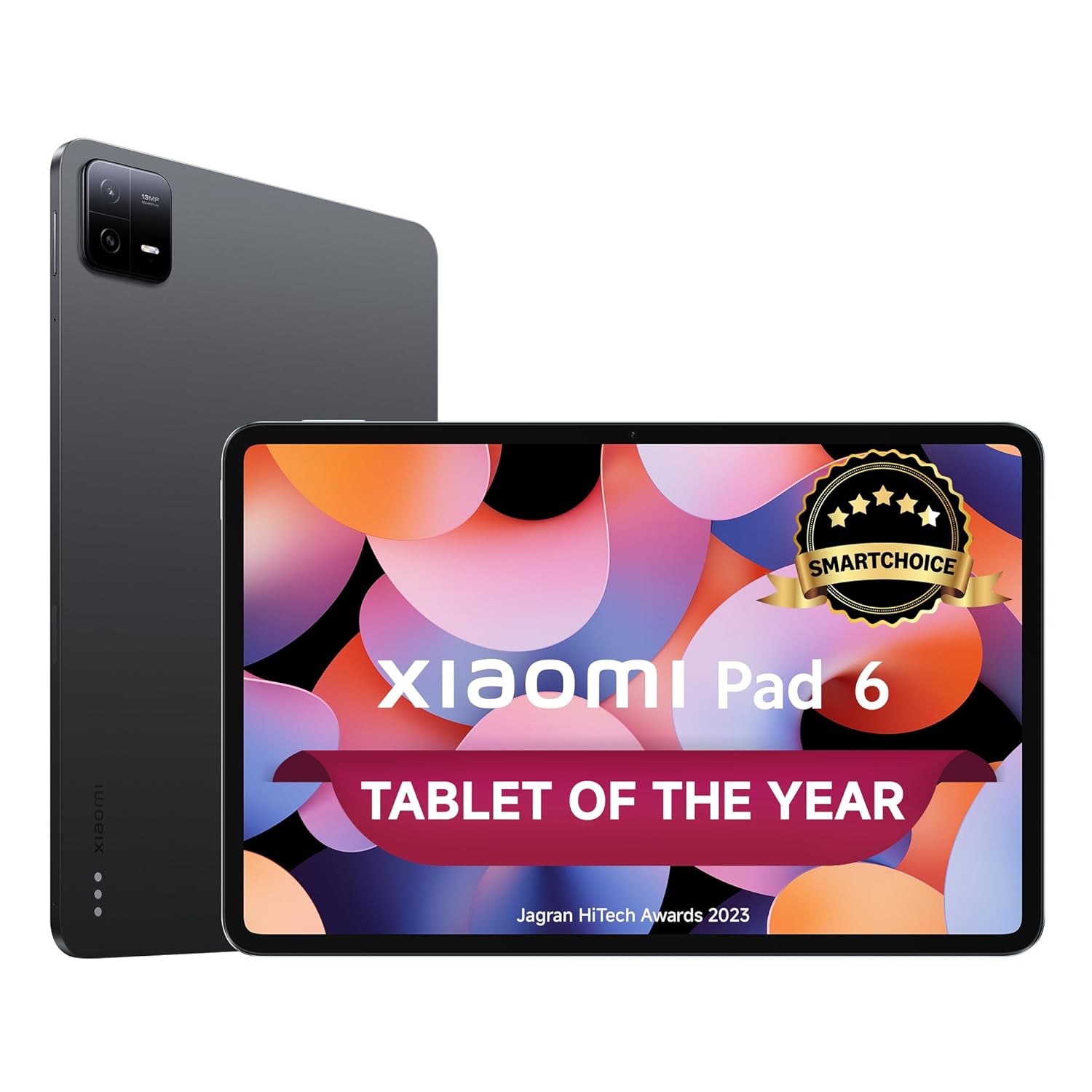 Xiaomi Pad 6 tablet with colorful display and 'Tablet of the Year' award badge on a white background