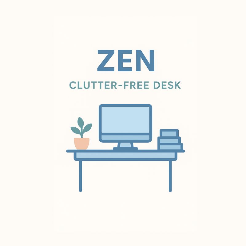 Illustration of a clutter-free desk with a computer, plant, and books on a white background with 'Zen Clutter-Free Desk' text.