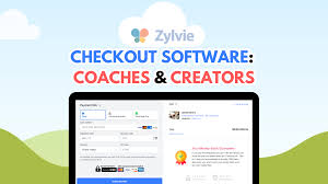 Zylvie checkout software promotion with a tablet displaying a website on a scenic background